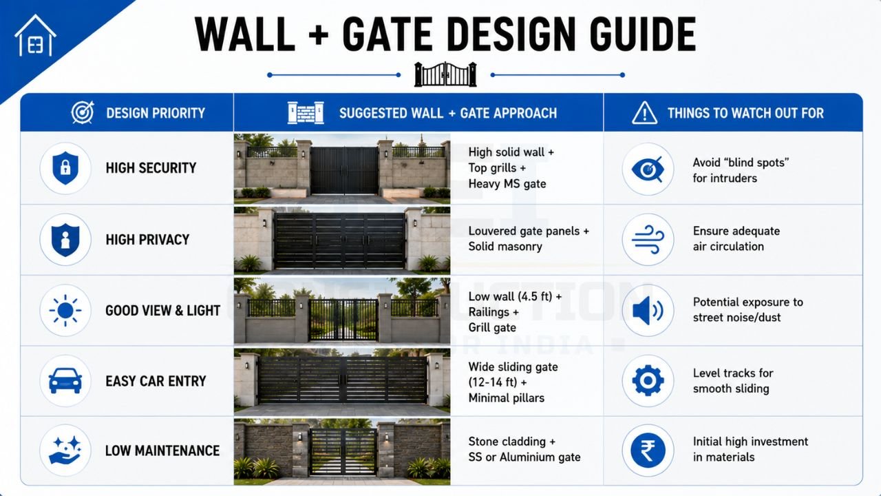 Compound wall and gate design guide comparing high-security, high-privacy, open-view, easy car entry, and low-maintenance wall and gate solutions for residential homes