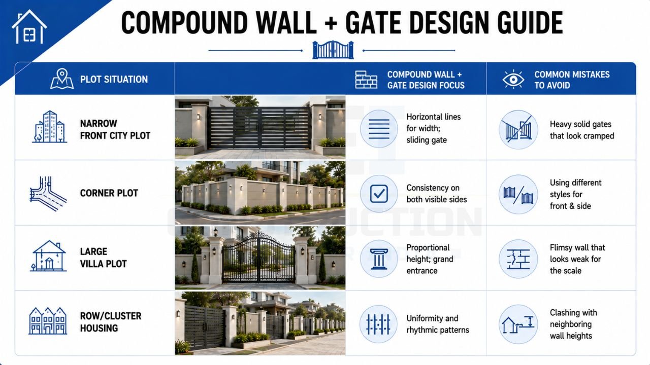 Compound wall and gate design guide comparing design strategies for narrow city plots, corner plots, large villa plots, and row or cluster housing developments