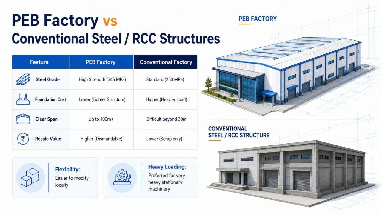 Comparison infographic of PEB factory vs conventional steel and RCC factory structures showing foundation cost, steel grade, clear span, resale value, flexibility, and industrial building design.