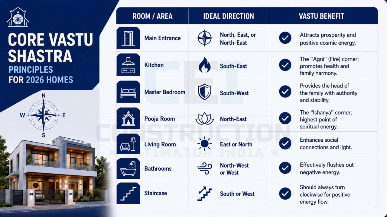 Vastu Shastra guide showing ideal directions for entrance, kitchen, master bedroom, pooja room, living room, bathrooms, and staircase.