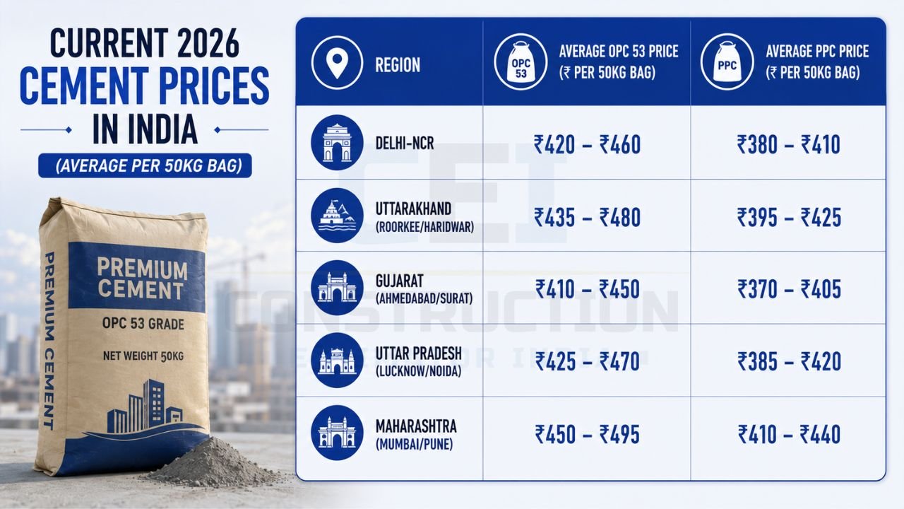 Infographic showing 2026 cement prices across India with OPC 53 and PPC cement rates per 50kg bag for Delhi-NCR, Uttarakhand, Gujarat, Uttar Pradesh, and Maharashtra.