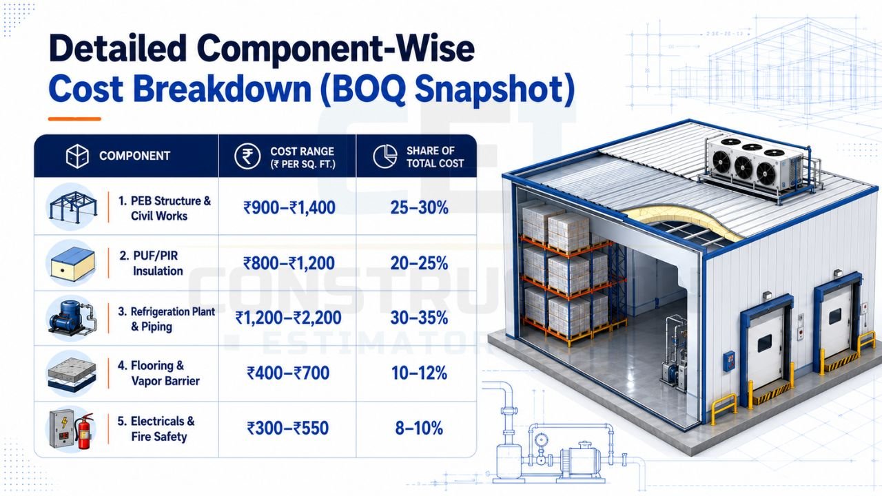 Cold storage construction BOQ snapshot showing component-wise cost breakdown for PEB structure, PUF insulation, refrigeration plant, flooring, and electrical systems with cost per sq ft.