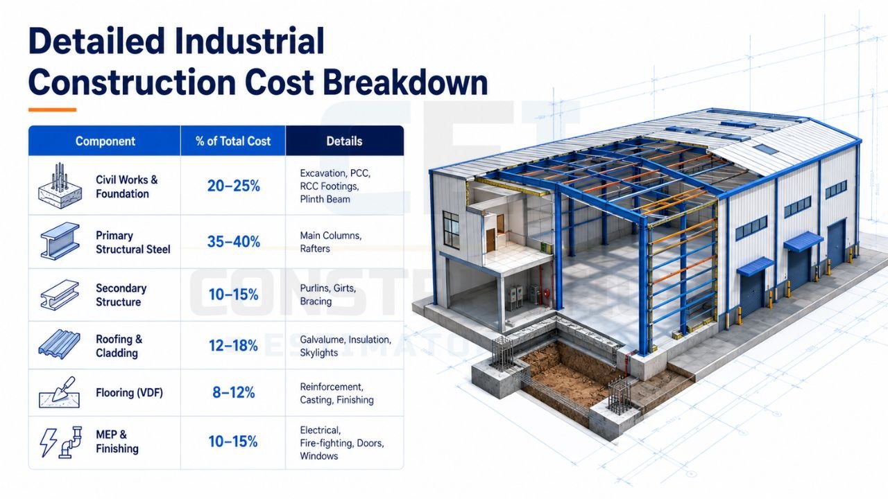 Industrial construction cost breakdown infographic showing component-wise budget allocation for civil works, structural steel, roofing, flooring, MEP, and finishing in a PEB industrial building.