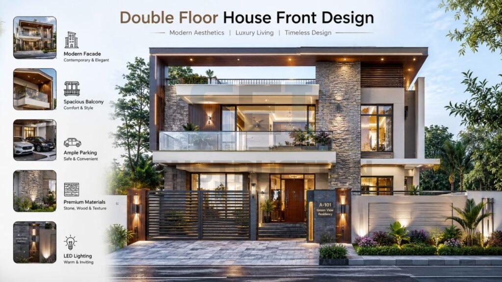 Double floor house front design with modern facade, spacious balcony, premium materials, LED lighting, and luxury residential elevation