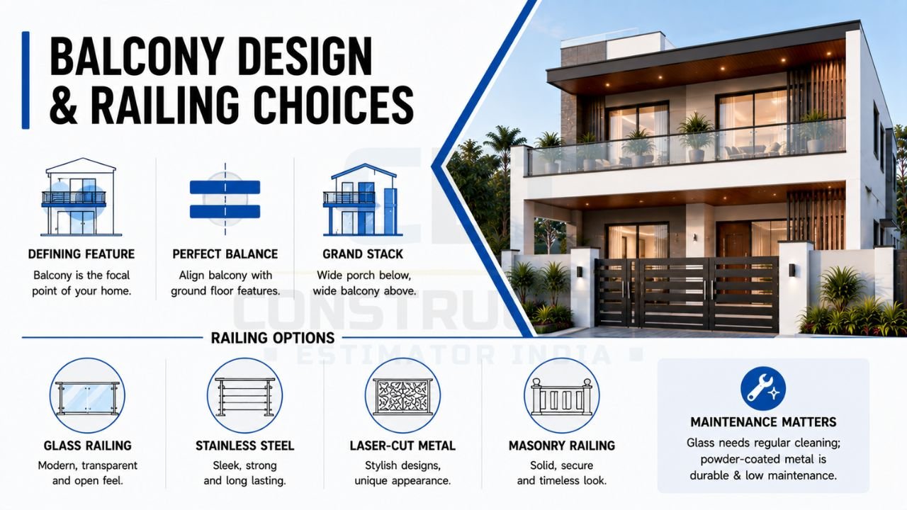 Double floor house balcony design and railing options featuring glass, stainless steel, laser-cut metal, and masonry railings for a modern home facade