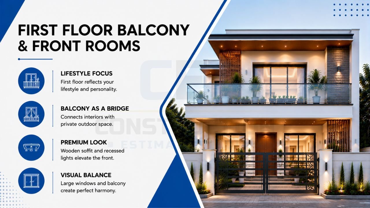 Double floor house first floor balcony and front room design featuring a modern facade, glass railing, large windows, and stylish front elevation