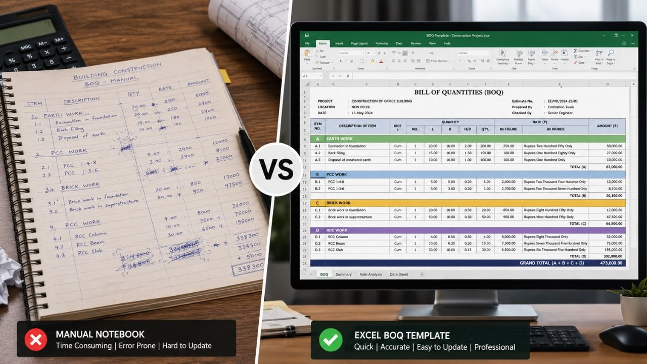 Side-by-side comparison of a handwritten construction BOQ notebook and an Excel BOQ template showing faster, more accurate, and professional construction cost estimation.