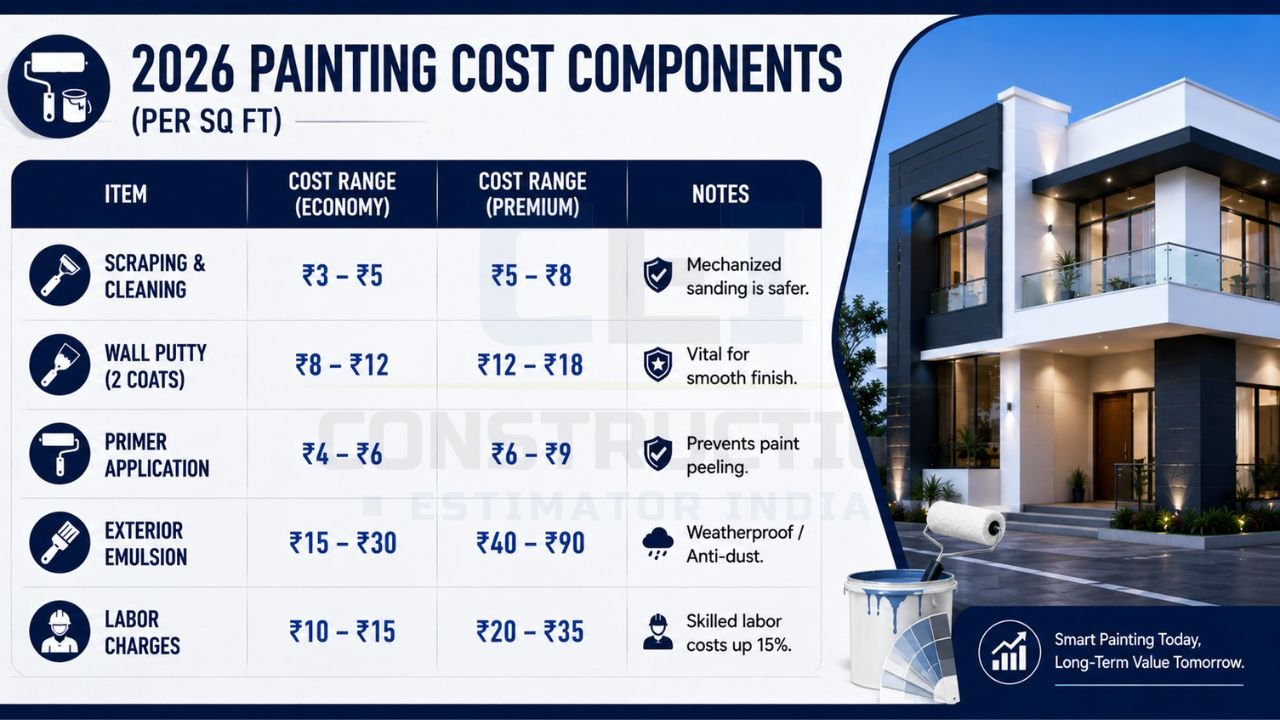 Infographic showing exterior painting cost components per square foot, including scraping, putty, primer, emulsion, labor charges, and premium painting costs.