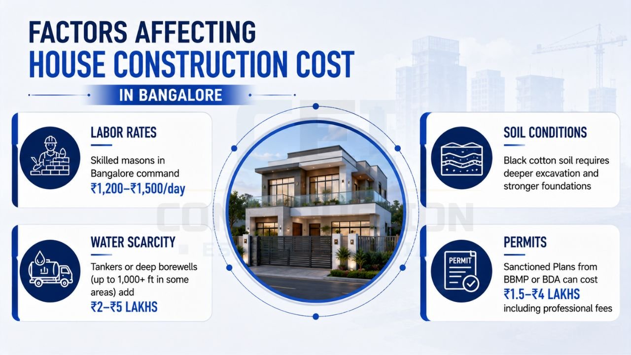 Infographic showing the major factors affecting house construction costs in Bangalore, including labor rates, soil conditions, water scarcity, and approval costs.