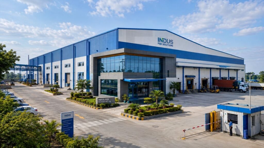 Modern factory building in India with a PEB steel structure, loading docks, office block, truck bays, landscaped entrance, and industrial warehouse facilities.