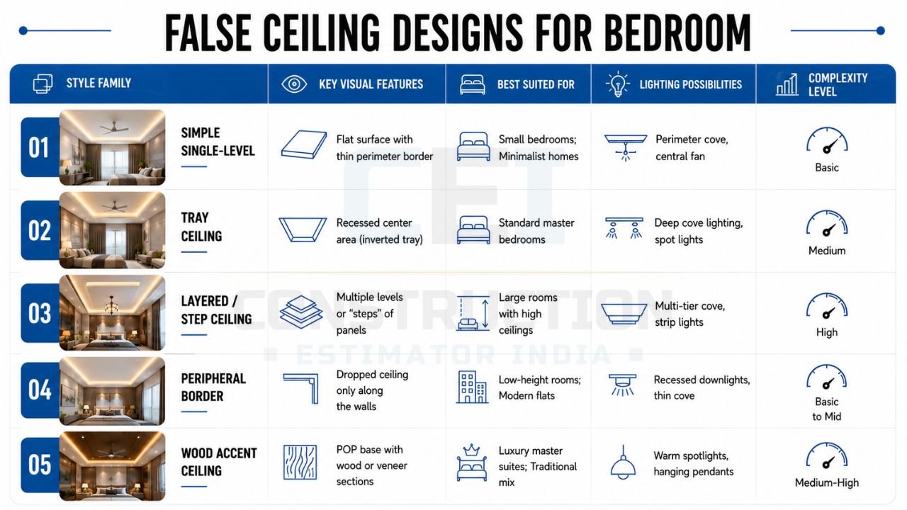 Bedroom false ceiling design comparison featuring simple single-level, tray, layered, peripheral border, and wood accent ceiling styles with LED lighting
