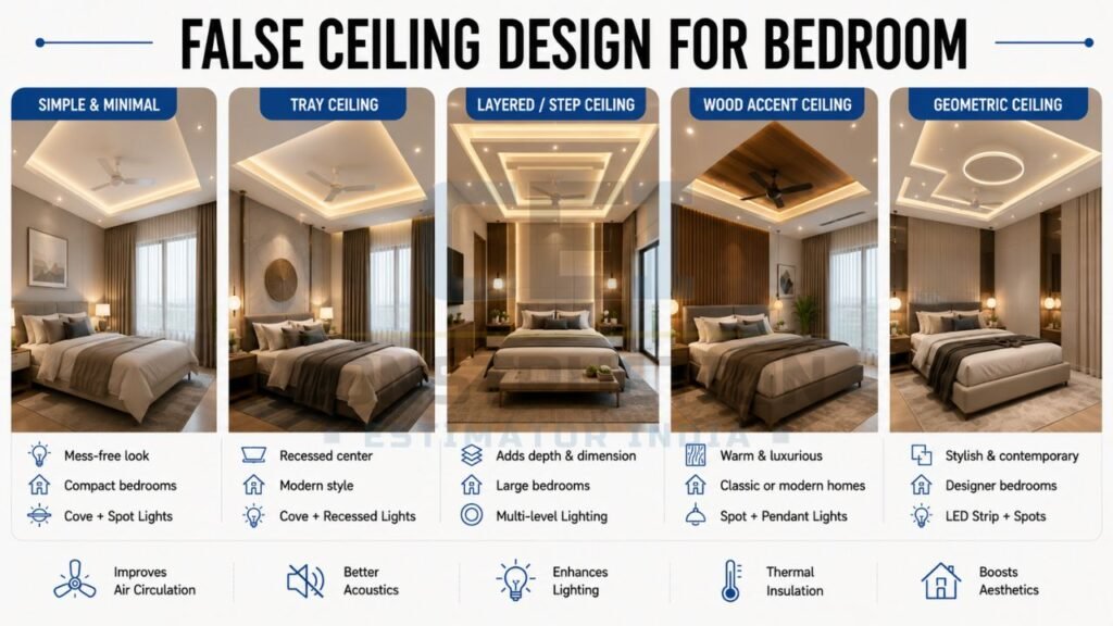 Bedroom false ceiling design featuring simple, tray, layered, wood accent, and geometric ceiling styles with LED lighting for modern bedrooms