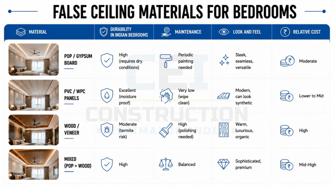 Bedroom false ceiling materials comparison featuring POP gypsum, PVC panels, wood veneer, and mixed ceilings with durability, maintenance, and cost