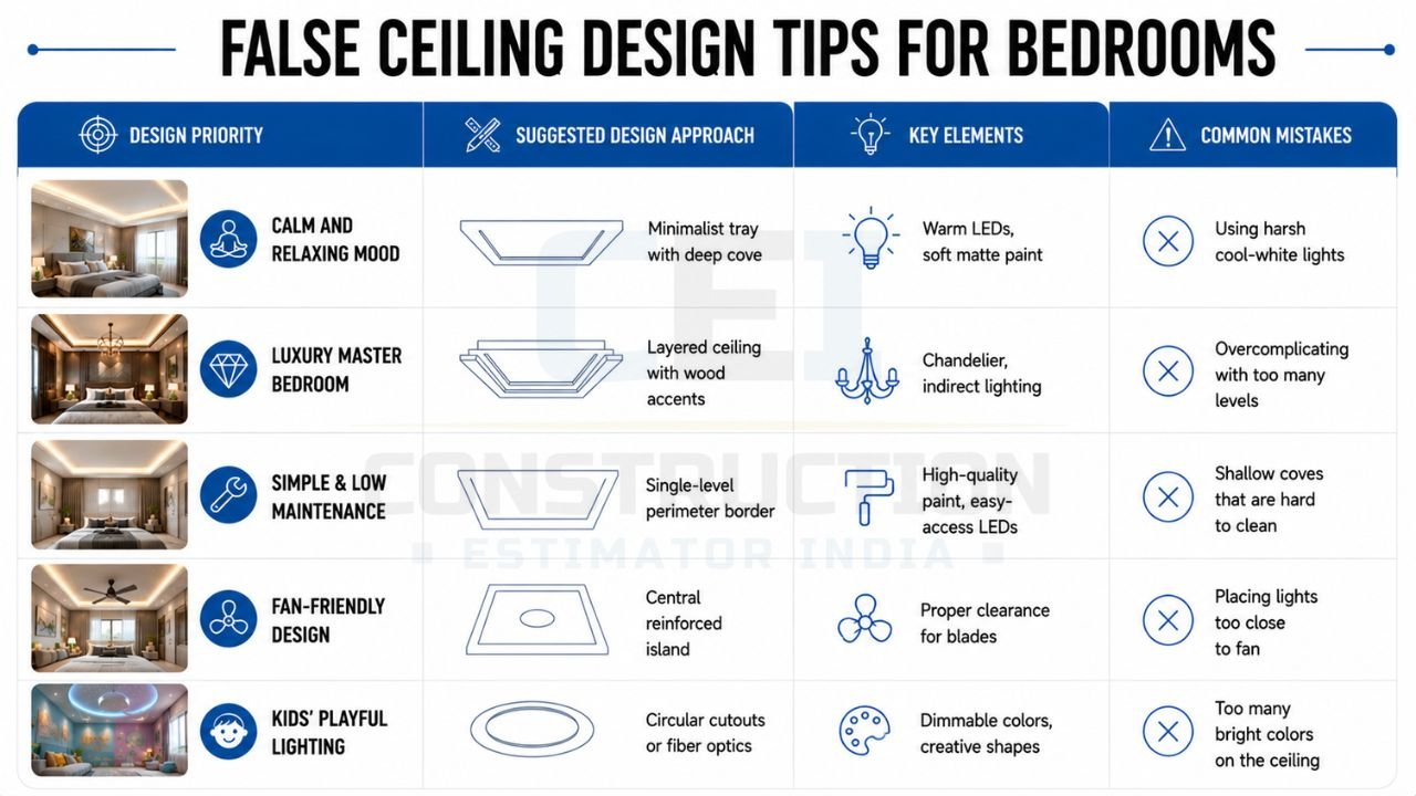 Bedroom false ceiling design tips for relaxing, luxury, low-maintenance, fan-friendly, and kids' rooms with lighting ideas and modern ceiling styles