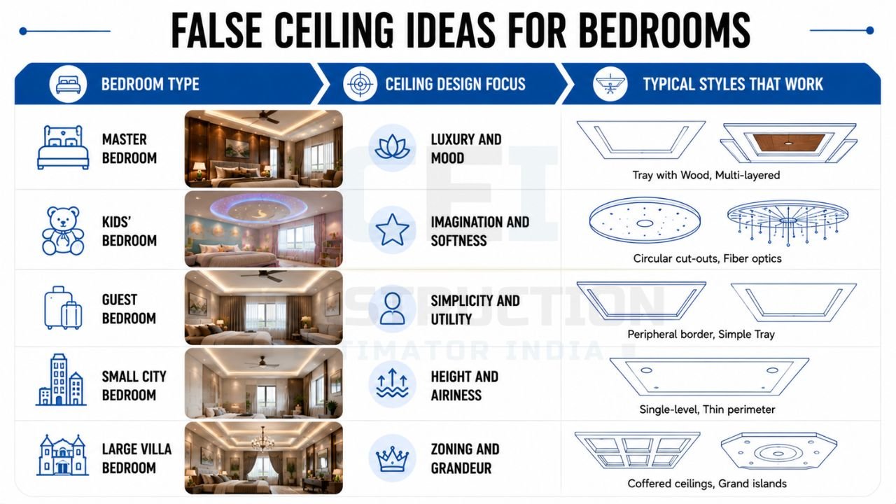 Bedroom false ceiling ideas for master, kids', guest, small, and villa bedrooms featuring tray, coffered, single-level, and modern ceiling designs