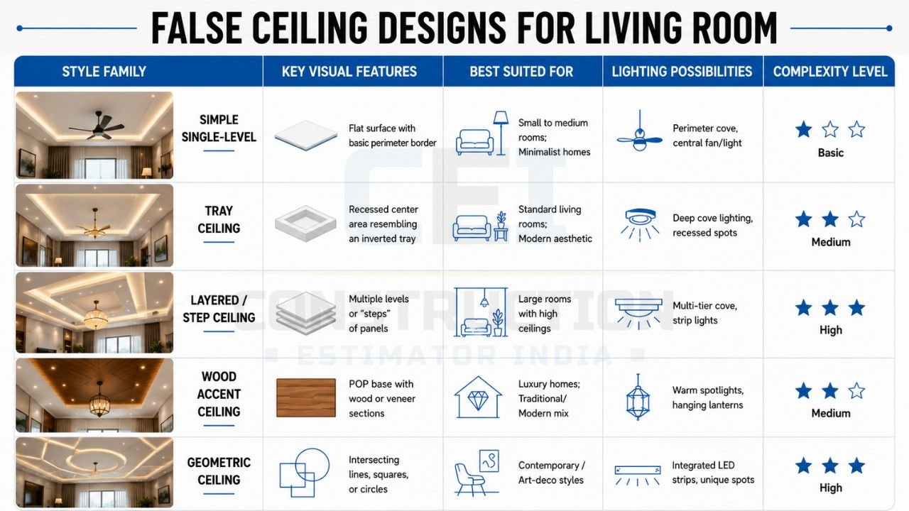 Living room false ceiling design comparison featuring single-level, tray, layered, wood accent, and geometric ceiling styles with LED lighting ideas