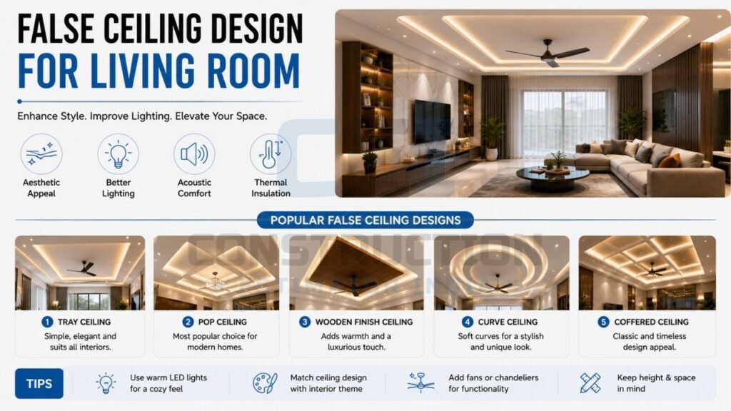 Living room false ceiling design featuring modern tray, POP, wooden, curved, and coffered ceiling styles with LED lighting and elegant interiors