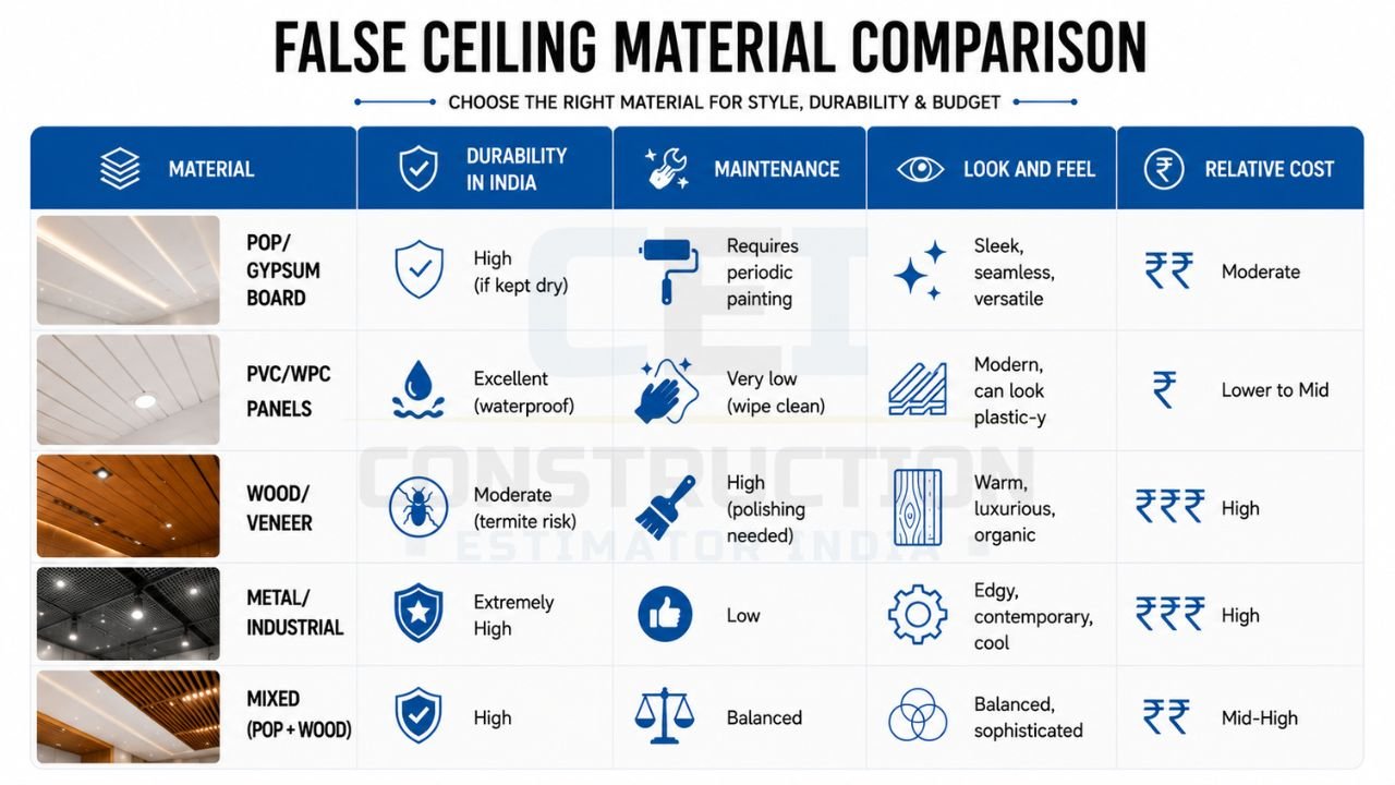 Living room false ceiling design comparison featuring single-level, tray, layered, wood accent, and geometric ceiling styles with LED lighting ideas