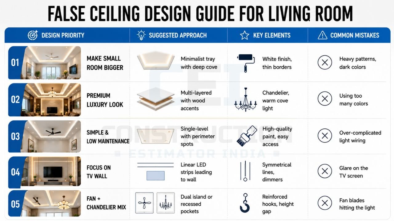 Living room false ceiling design guide with modern ceiling ideas, LED lighting, tray ceiling, luxury, minimalist, and TV wall ceiling designs