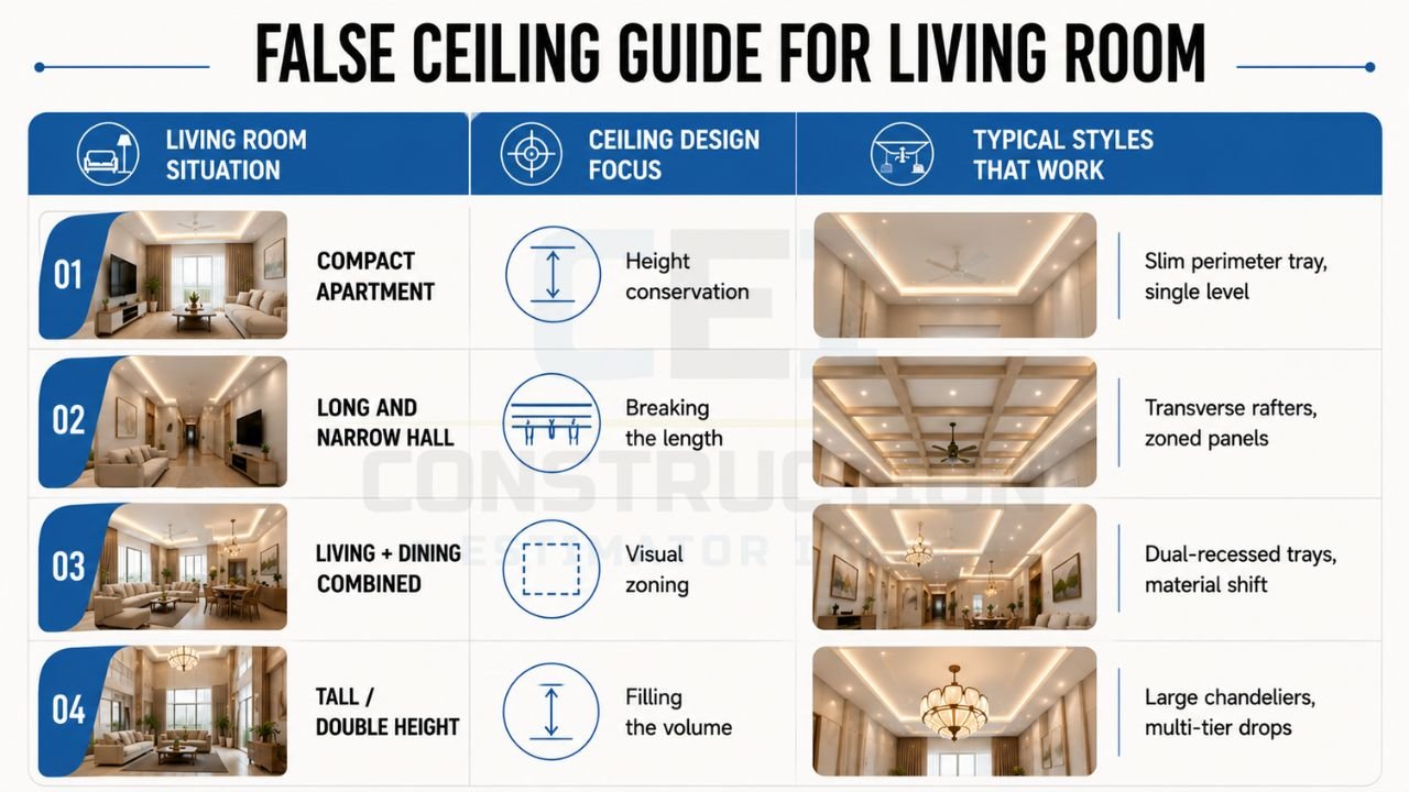 Living room false ceiling guide comparing designs for compact apartments, long halls, combined living-dining spaces, and double-height ceilings