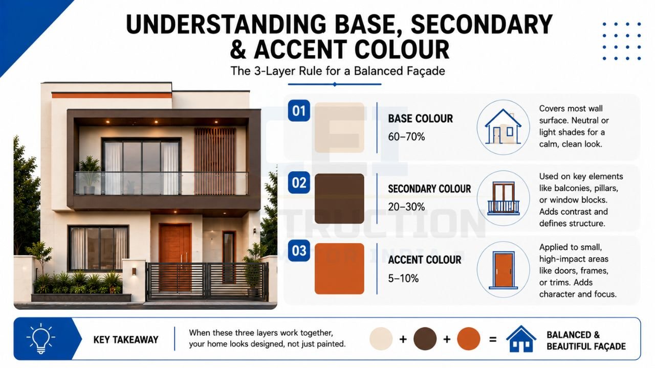 House exterior colour combination guide explaining base, secondary, and accent colours using the 3-layer rule for a balanced modern facade