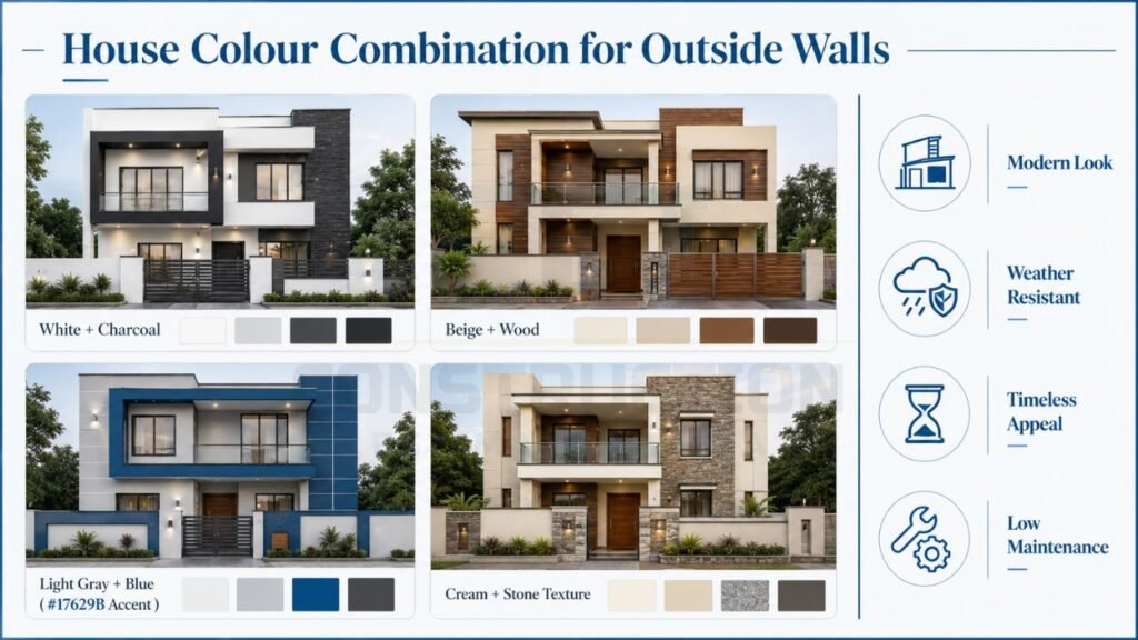House colour combination for outside walls featuring white and charcoal, beige and wood, light gray and blue, and cream with stone texture for modern home exteriors