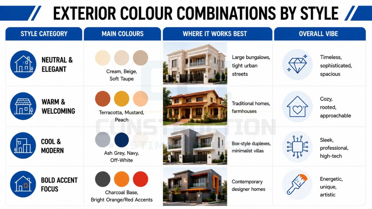 House exterior colour combinations by style featuring neutral, warm, modern, and bold colour palettes for different home designs