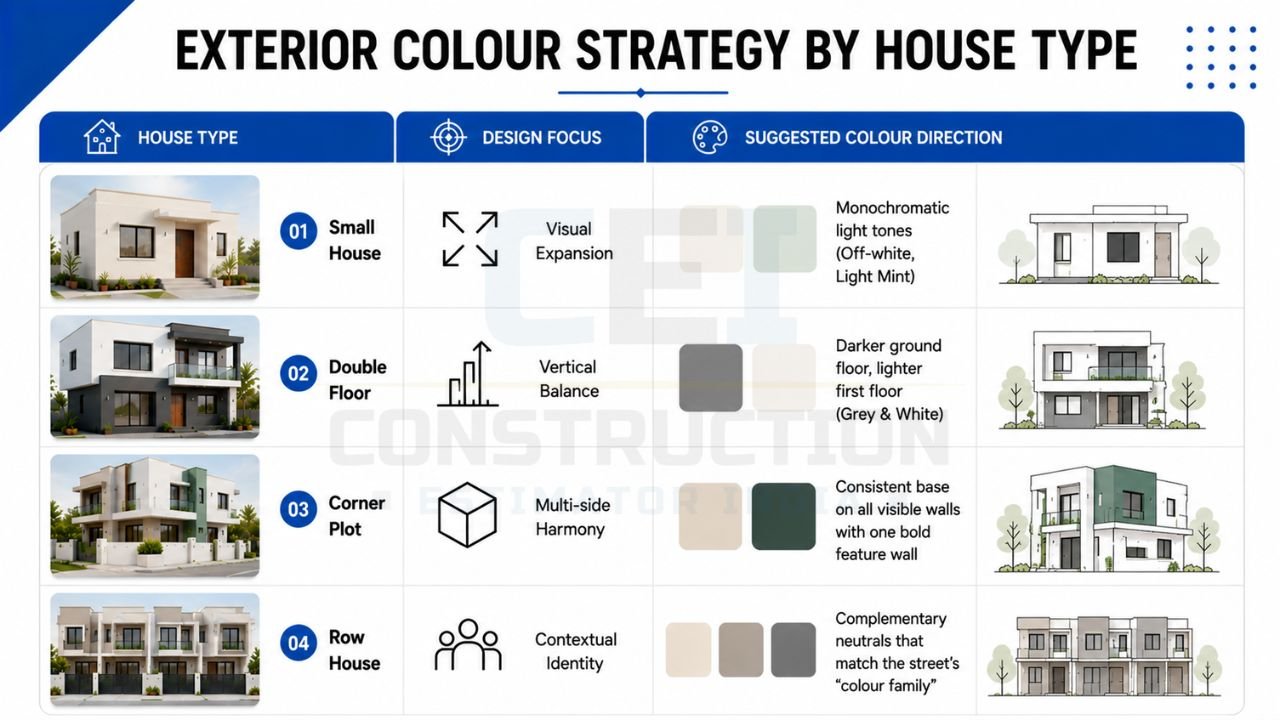 House exterior colour strategy by house type showing colour schemes for small houses, double floor homes, corner plots, and row houses
