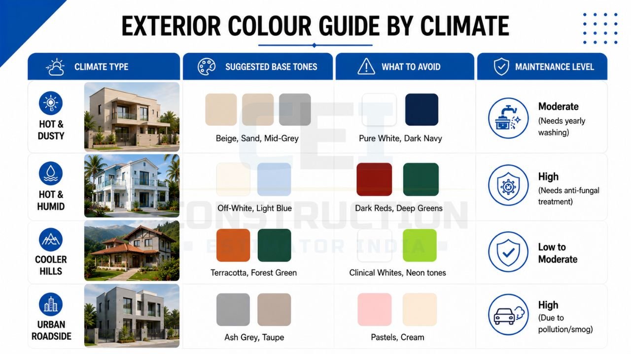 House exterior colour guide by climate showing suitable colour combinations for hot, humid, hilly, and urban environments