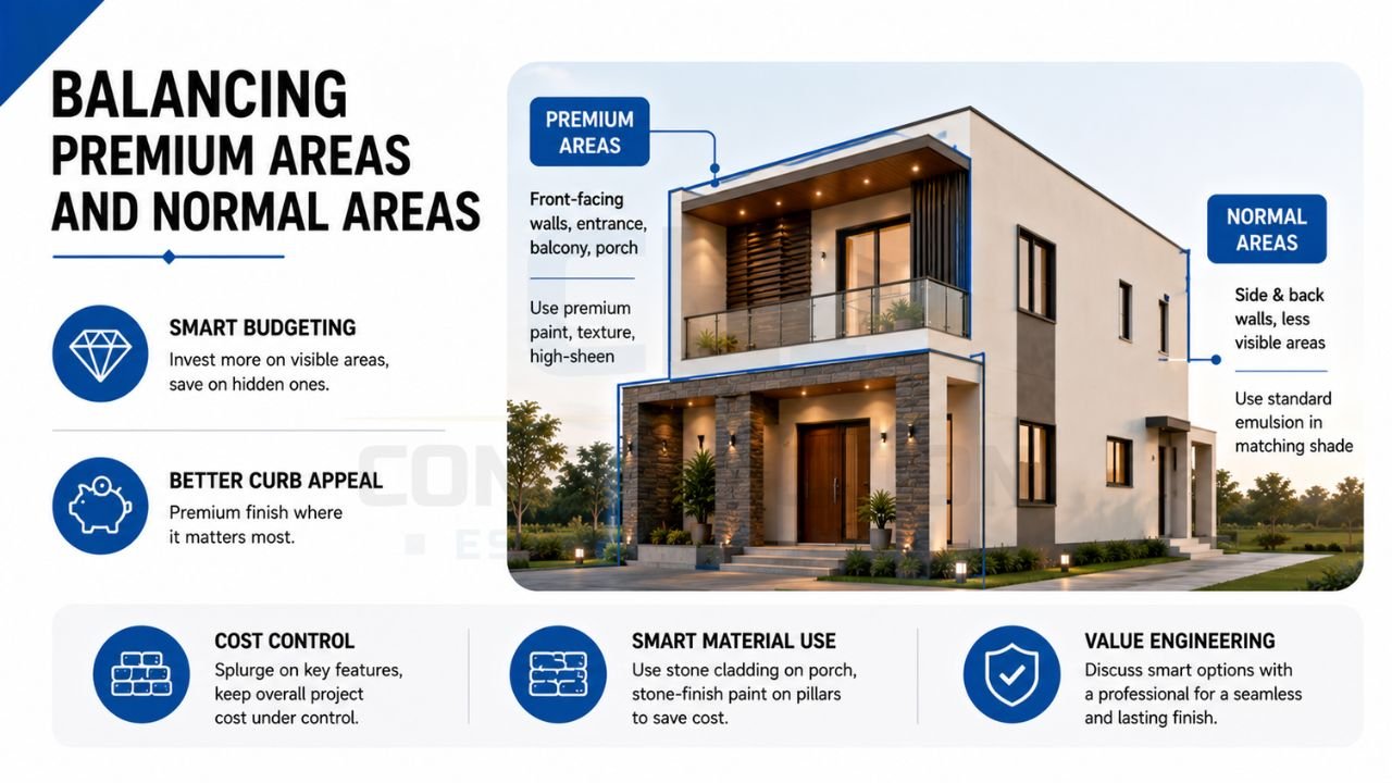 House exterior budget planning showing premium and standard finish areas for a cost-effective modern home facade