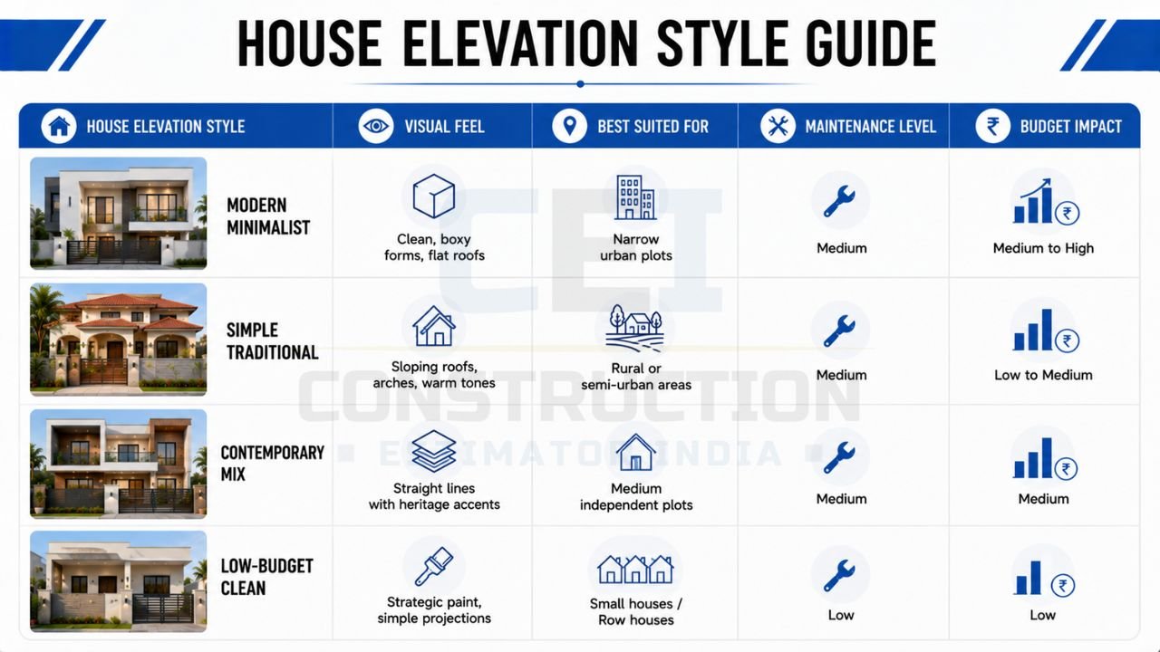 House elevation style guide comparing modern minimalist, traditional, contemporary, and low-budget home elevation designs