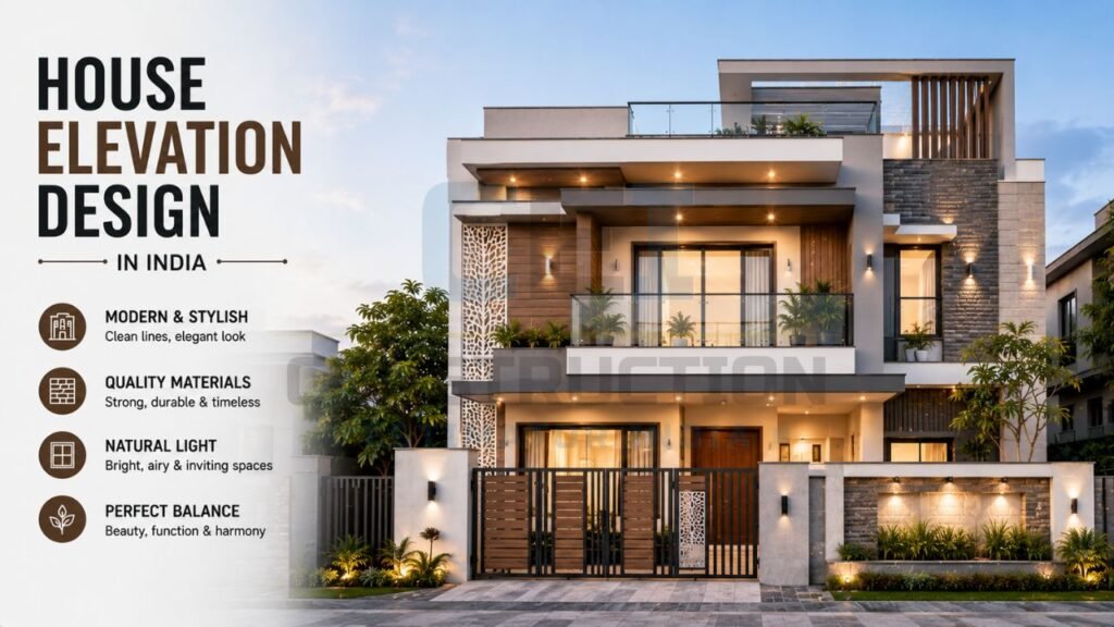 Modern house elevation design in India with contemporary double-storey facade, glass balconies, stone cladding, wooden accents, and exterior lighting
