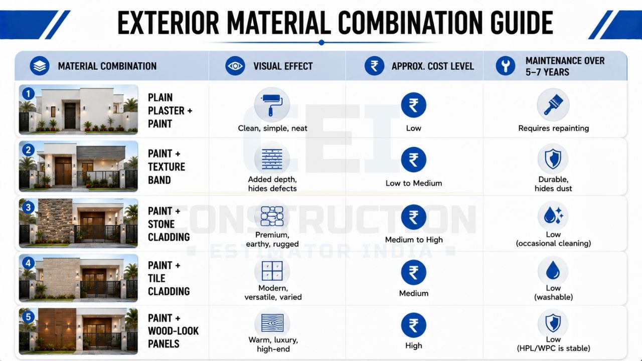 Exterior material combination guide comparing paint, texture, stone, tile, and wood-look finishes for modern house exteriors