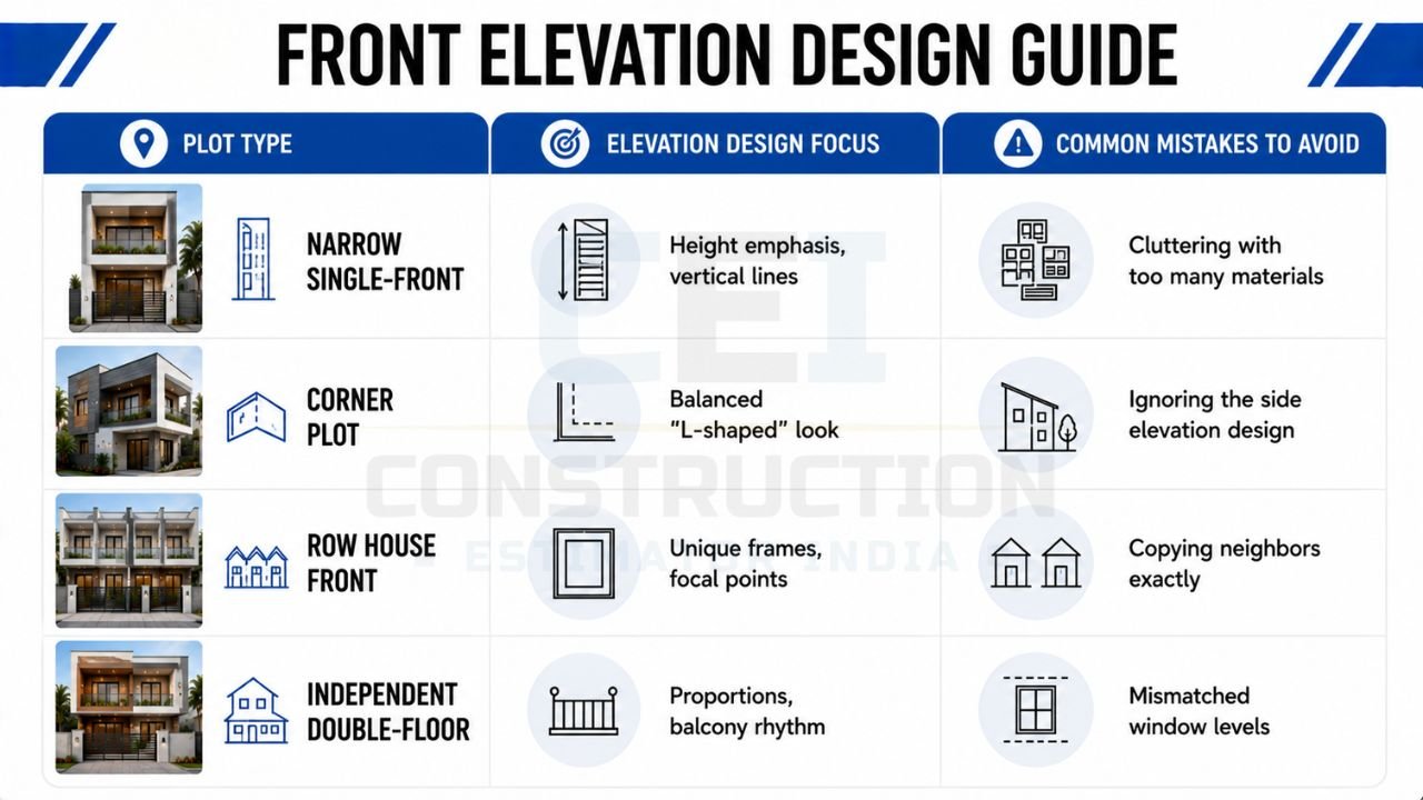 Front elevation design guide comparing house front designs for narrow, corner, row house, and independent double-floor plots