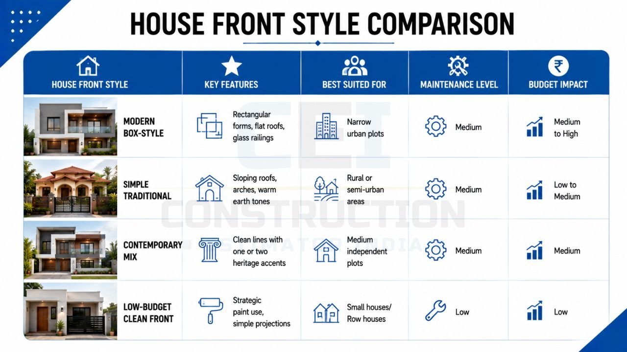 House front style comparison showing modern box-style, simple traditional, contemporary mix, and low-budget front designs with features, maintenance, and budget impact
