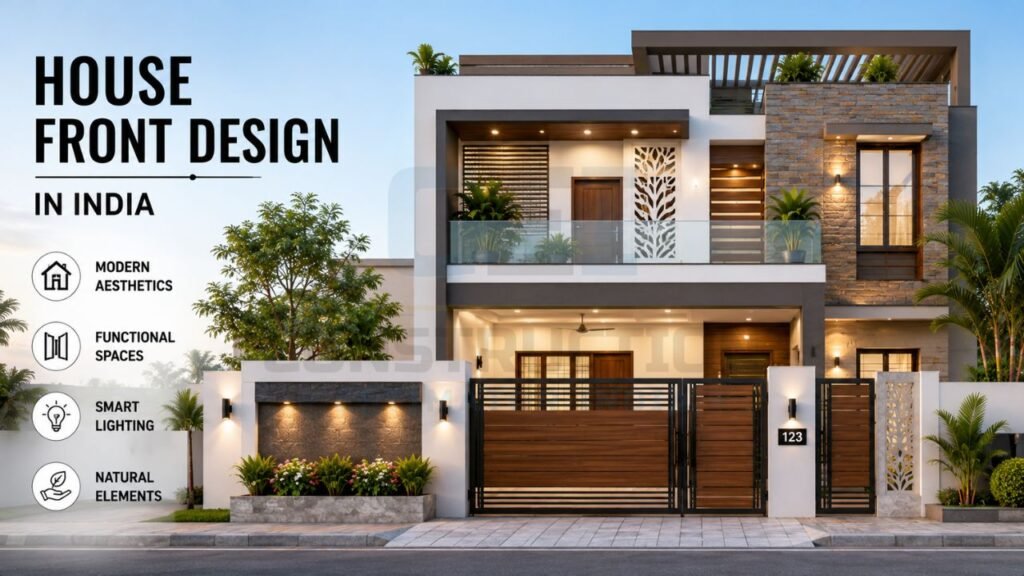 Modern house front design in India featuring a contemporary double-storey elevation with stone cladding, glass balcony, wooden gate, and stylish exterior lighting