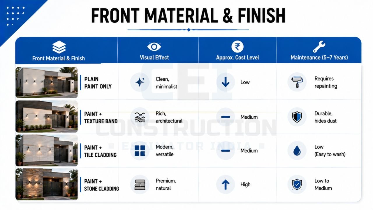 House front material and finish comparison showing plain paint, texture finish, tile cladding, and stone cladding with visual appeal, cost, and maintenance requirements