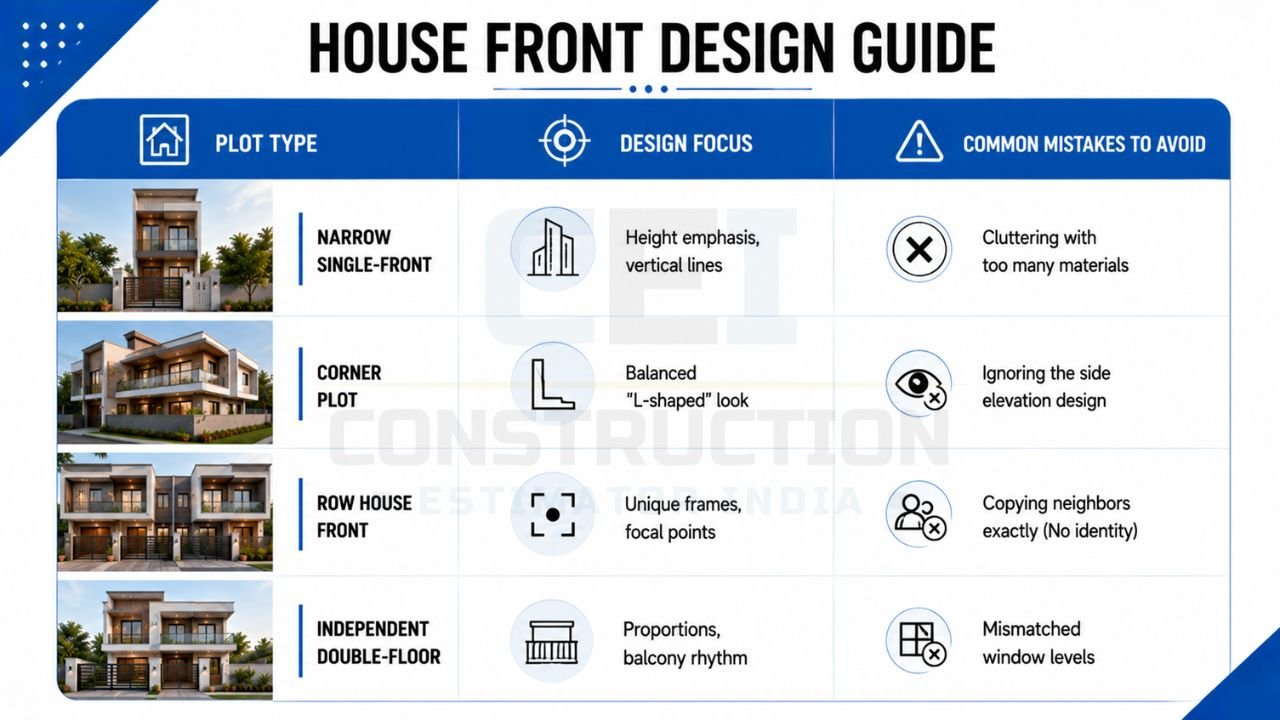 House front design guide comparing front elevation ideas for narrow single-front, corner plot, row house, and independent double-floor homes with design focus and common mistakes