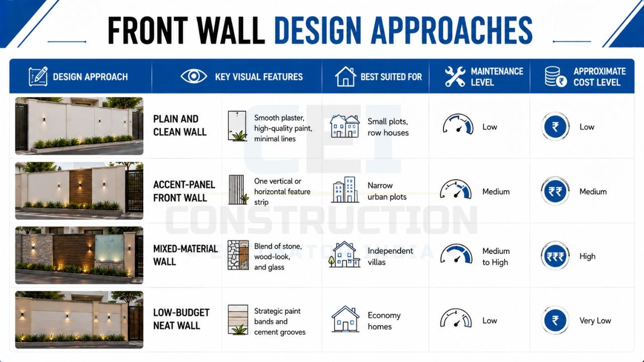 Front wall design approaches comparing plain, accent-panel, mixed-material, and low-budget front wall designs for residential homes