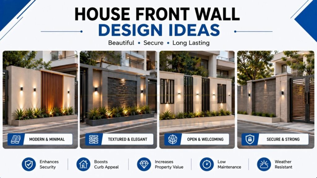 House front wall design ideas featuring modern, textured, open, and secure boundary wall styles for residential homes