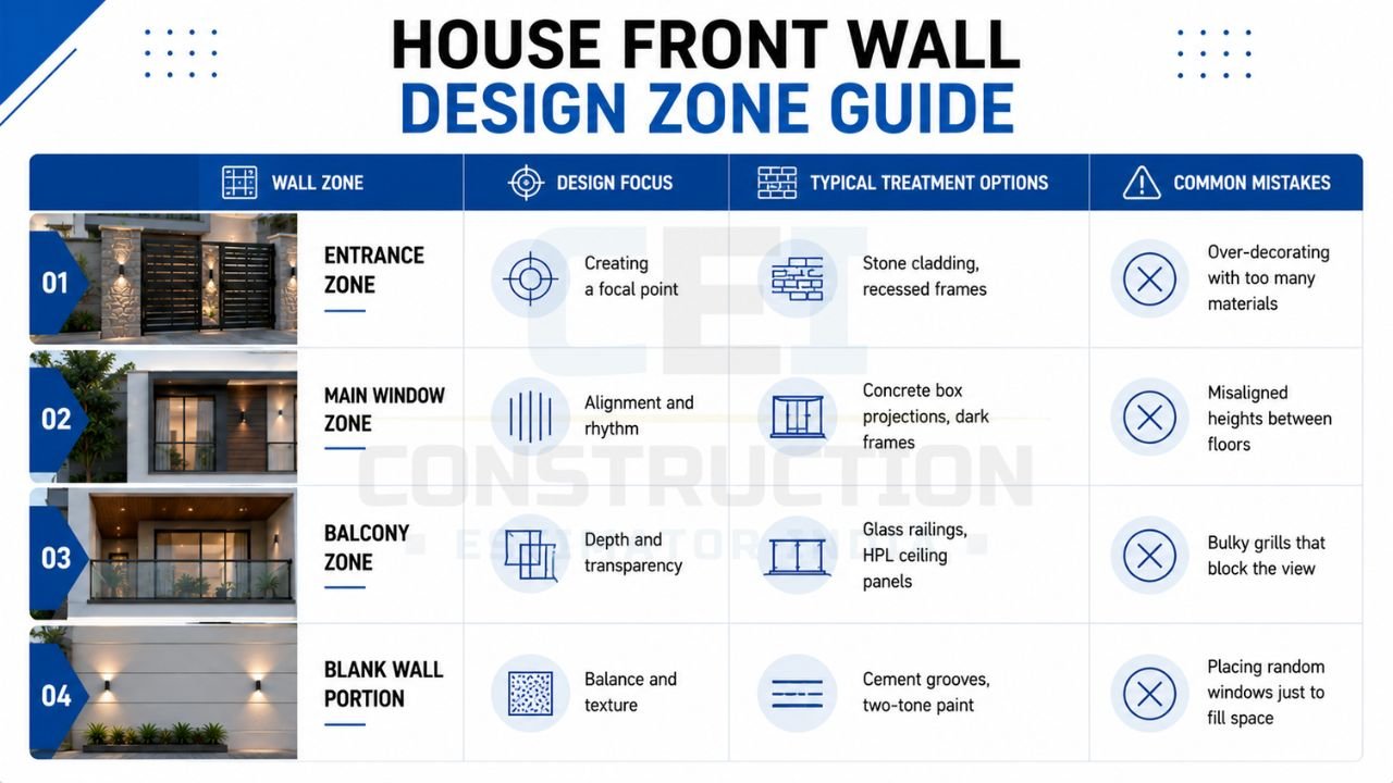House front wall design zone guide showing entrance, window, balcony, and blank wall design ideas for modern home exteriors