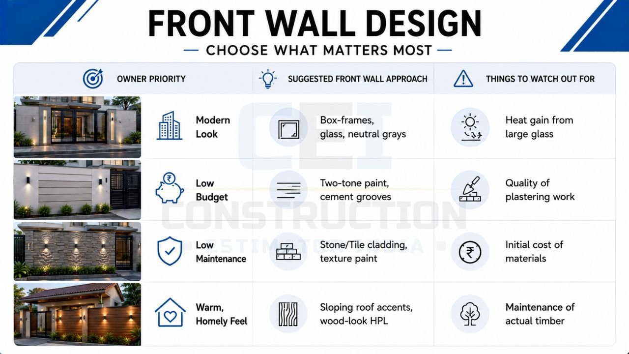 Front wall design guide comparing modern, budget-friendly, low-maintenance, and warm-style front wall designs for residential homes