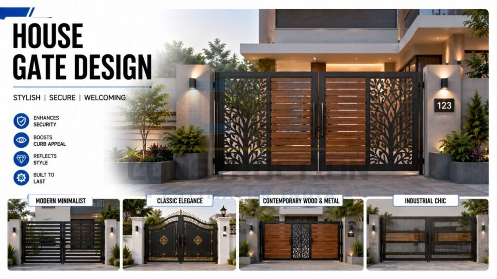 Modern house gate design featuring minimalist, classic, wood and metal, and industrial gate styles for secure and stylish home entrances