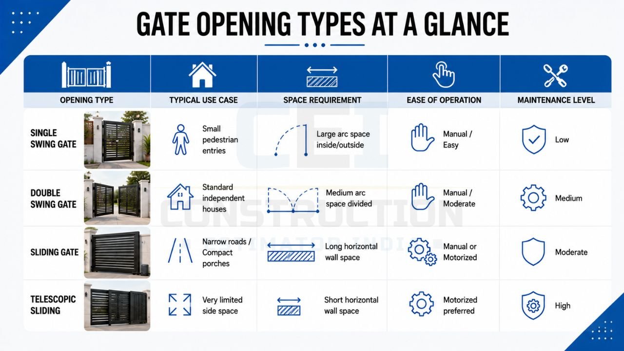 House gate opening types comparison showing swing, sliding, and telescopic gates with space requirements and ideal residential applications
