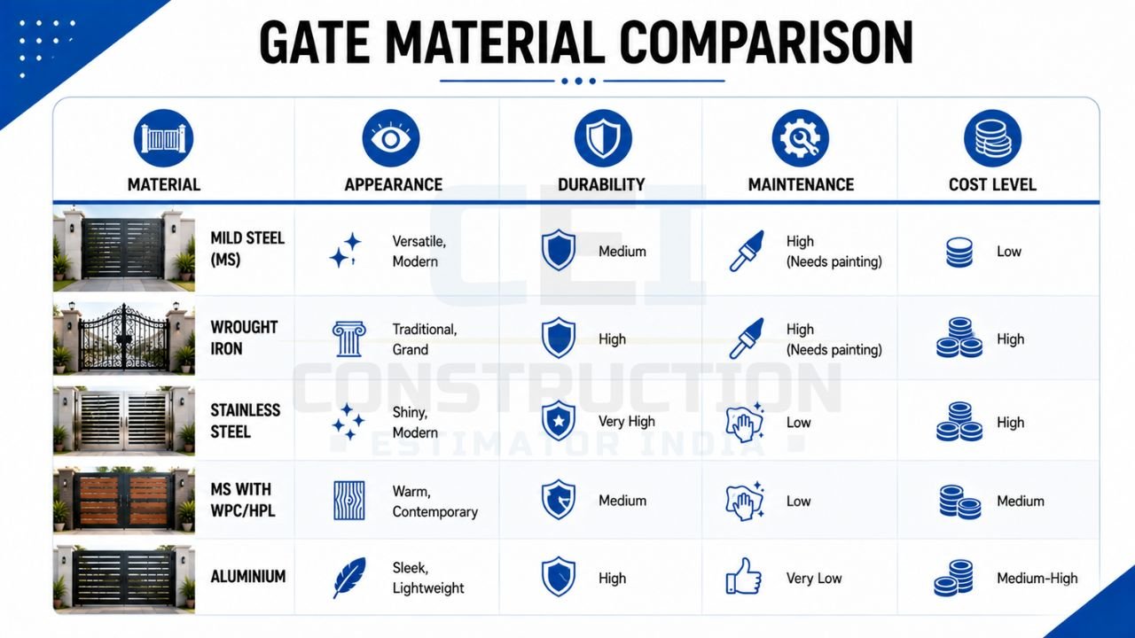 House gate material comparison showing mild steel, wrought iron, stainless steel, aluminium, and WPC/HPL options with durability, maintenance, and cost
