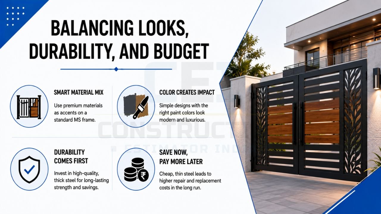 House gate design guide showing how to balance aesthetics, durability, and budget with smart material selection, quality steel, and modern colour choices