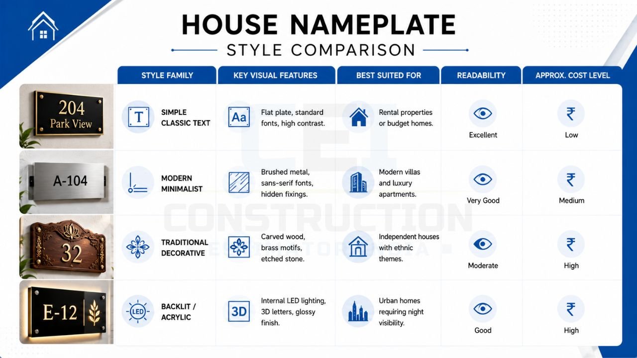 House nameplate style comparison showing classic, modern minimalist, traditional decorative, and backlit acrylic nameplates for Indian homes