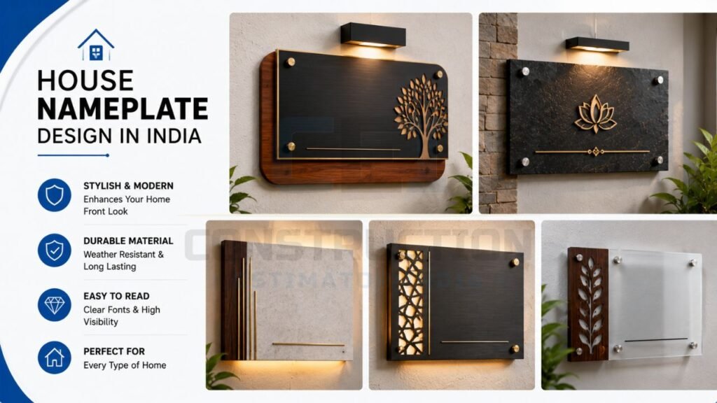 House nameplate design ideas in India featuring modern acrylic, metal, wooden, stone, and backlit nameplate styles for home entrances