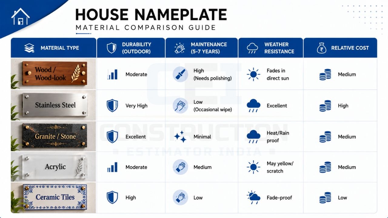 House nameplate material comparison showing wood, stainless steel, granite, acrylic, and ceramic tile nameplates for durability, maintenance, weather resistance, and cost