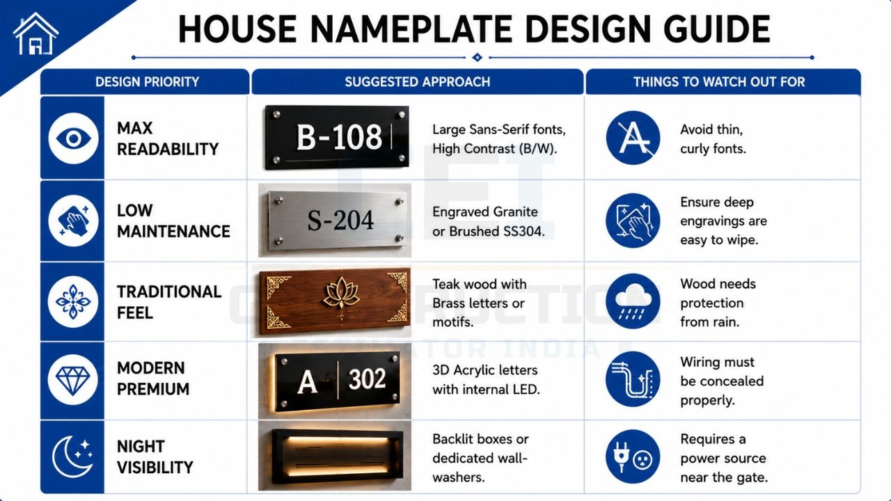 House nameplate design guide showing nameplate ideas for maximum readability, low maintenance, traditional style, modern premium look, and night visibility